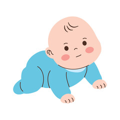 Young infant crawling forward on all fours wearing light blue attire