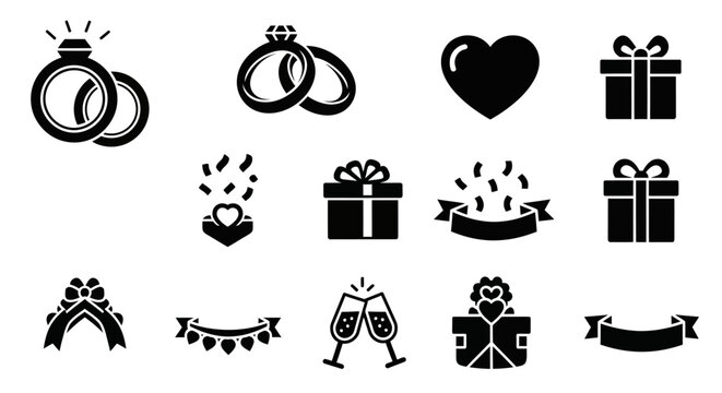 Collection of black celebration and love icons including rings, gifts, hearts, and cheers