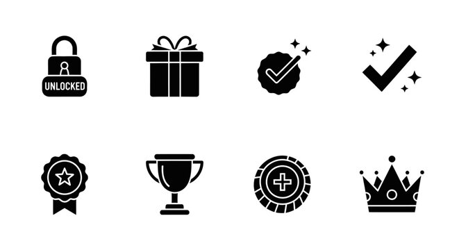 Set of black silhouette icons including a lock, gift box, check mark with stars, medal, trophy, medical badge, crown, and additional medal