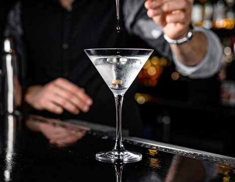  C&oacute;ctel martini con aceituna a&ntilde;adido cuidadosamente por el bartender en la barra del bar.
