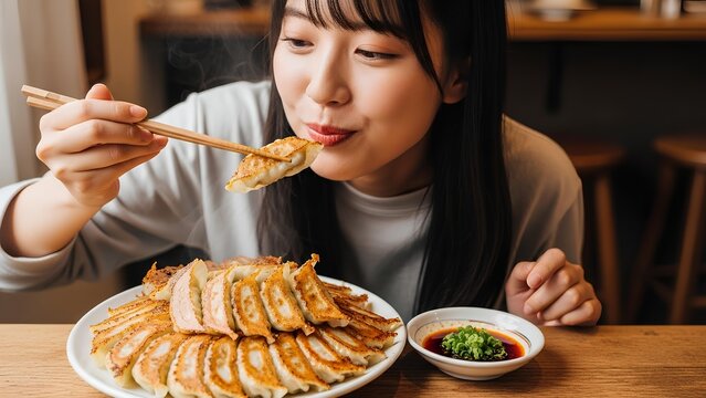 Young Japanese woman eating delicious pan-fried dumplings (Gyoza) with chopsticks at a restaurant, Mukbang style, realistic AI generated.