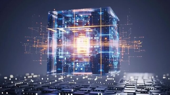 Futuristic Quantum Crystal Cube Orange Core: Blue Lightning Golden Circuit Glow