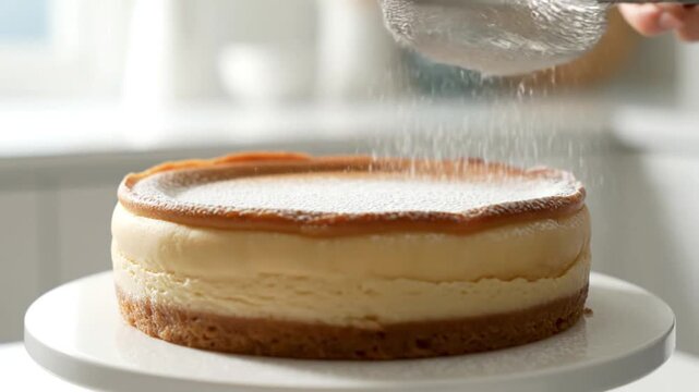A close-up view of a person dusting powdered sugar over a freshly baked cheesecake on a white cake stand in a bright kitchen, showcasing the dessert preparation process