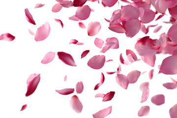 Pink rose petals falling gently, romantic, elegant, floral element, isolated on transparent background
