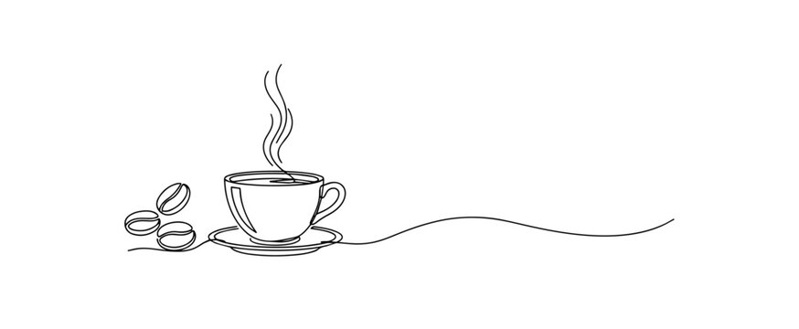 A fluid continuous line art illustration depicts a steaming cup of coffee resting on a saucer beside three whole beans, where the single black stroke extends rightward into a minimalist horizon wave