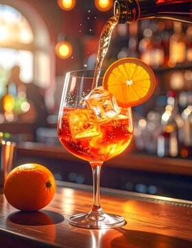 Un c&oacute;ctel Aperol Spritz servido en copa grande con hielo y rodaja de naranja, mientras se vierte el l&iacute;quido espumoso. Fondo c&aacute;lido con luz del atardecer.