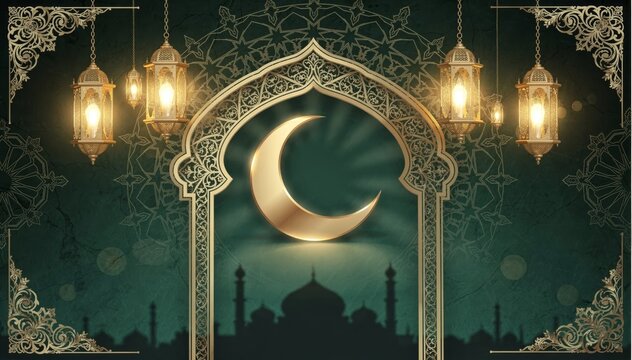 Ramadan Kareem Greeting Background with Crescent and Mosque - Powered by Adobe