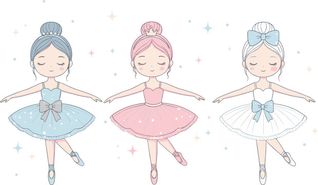 Cute ballerina girls vector illustration set with little dancers in blue and pink tutus