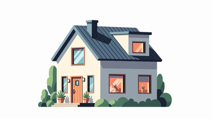 A cozy, illustrated dwelling with a dog looking from a window