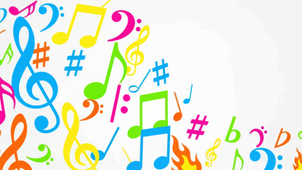 Colorful music notes and symbols on white background, vibrant, abstract, creative