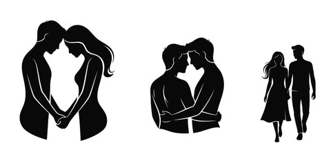 Minimal Couple Love Silhouette Vector Icon Set with Romantic Interaction Poses