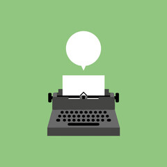 Vintage typewriter illustration with speech bubble on green background, retro writing machine icon for storytelling, journalism and blogging concept