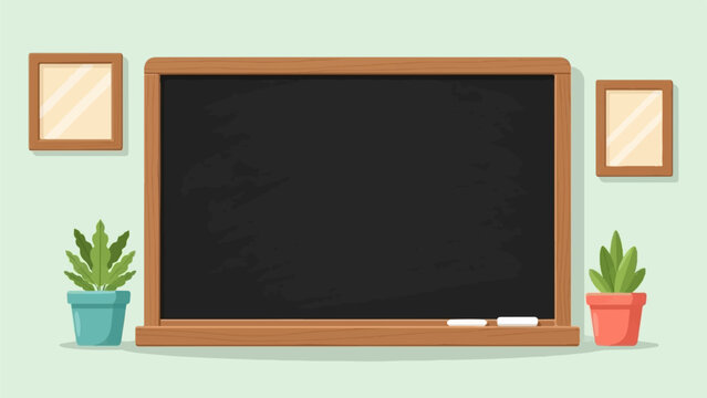 A classroom blackboard with potted plants and framed art on a light green wall