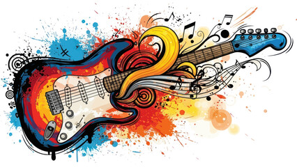 Electric guitar with colorful abstract paint splashes and musical notes