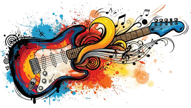Electric guitar with colorful abstract paint splashes and musical notes