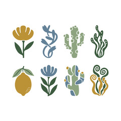 Obraz premium Abstract Organic Botanical Shapes Set with Stylized Flowers Lemon Cactus and Leaves in Earthy Tones for Modern Minimalist Design and Floral Art