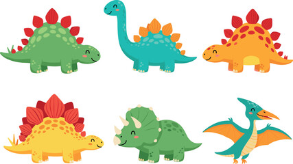 Cute dinosaurs vector illustration set with colorful stegosaurus triceratops and pterodactyl characters isolated © Azgar ali
