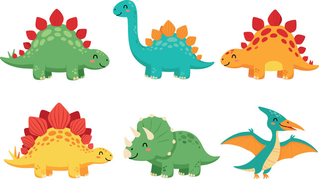Cute dinosaurs vector illustration set with colorful stegosaurus triceratops and pterodactyl characters isolated