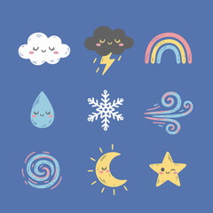 Obraz premium Pastel weather and sky icons set with clouds, rainbow, rain, snowflake, wind and moon in hand drawn style isolated on dark blue background