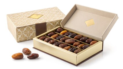 Luxury gold Ramadan dates box mockup for premium holiday gift sets and traditional retail branding on white background.
