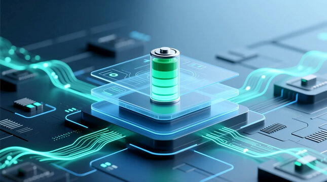 Conceptual Visualization of Smart Battery Management System on a Futuristic Circuit Board Illustrating AI-Driven Energy Flow and Data Storage for Future Technology Strategy