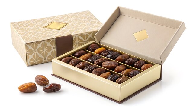 Luxury gold Ramadan dates box mockup for premium holiday gift sets and traditional retail branding on white background.