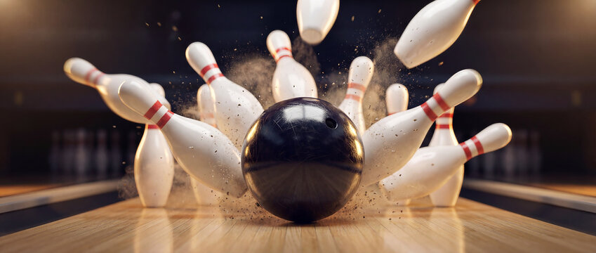 Bowling Ball Crashing into Pins, Strike and Success Concept