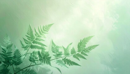 Fern Leaves on Gradient Green Background with Abstract White Curve