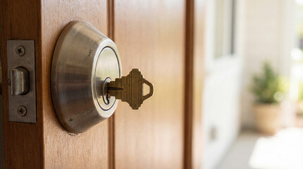 Obraz premium Landlord Key Plugged into House Door Lock, Real Estate Access Concept