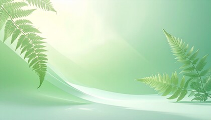 Fern Leaves on Gradient Green Background with Abstract White Curve