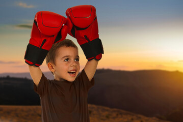 A young boy wearing red boxing gloves stands in a field