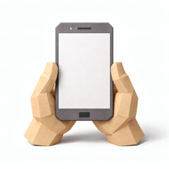 Paper Hands Holding Smartphone: A close-up shot of a pair of crafted paper hands gently cradling a sleek smartphone with a blank screen, highlighting the convergence of art, technology.