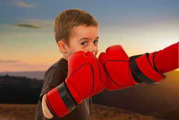 A young boy wearing red boxing gloves stands in a field