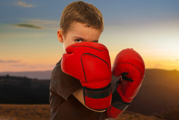 A young boy wearing red boxing gloves stands in a field