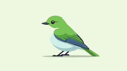 Obraz premium A cute, stylized green bird with a light blue belly sits on a surface