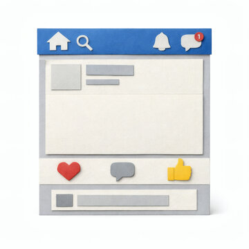 Social Media Interface: A minimalist representation of a social media interface, with a blue header, and simple icons of a home, search, notification and message, with sections for user interactions.