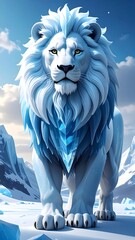 A majestic white lion with icy fur stands on a snowy landscape