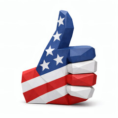 American thumb up: An artistic rendering of a thumbs-up gesture, cleverly adorned with the colors and patterns of the American flag, signifying approval and patriotism.