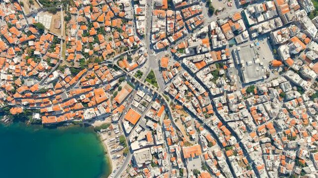 Kavala, Greece. Aqueduct. Historic city center. Summer. Drone footage, HEAD OVER SHOT