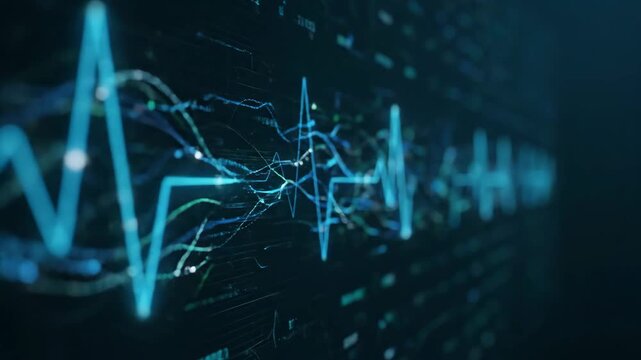 Abstract visualization of a digital heartbeat or sound wave on a dark screen with data points and lines. Represents health, technology, and data analysis.