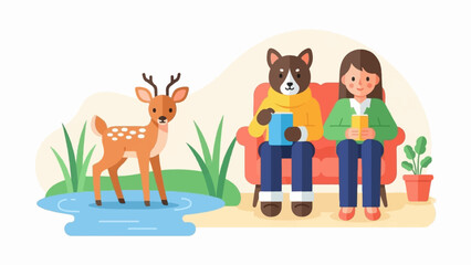 Naklejka premium A deer drinks from a pond, a dog and woman read on a sofa