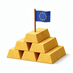 European Union's Gold Reserve: A stylized representation of a gold reserve, with gold bars stacked in a pyramid beneath the flag, symbolizing economic strength.
