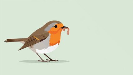 A charming robin bird with an earthworm in its beak on a light green background