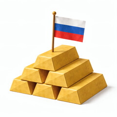 Golden Bars with Russian Flag: A symbolic representation of wealth and financial strength, a stack of golden bars is crowned with the Russian flag.