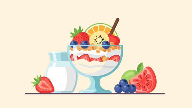 A colorful and healthy fruit and yogurt parfait with fresh berries