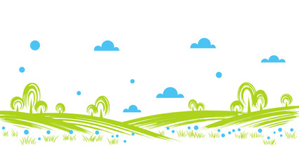 Stylized Green Landscape with Rolling Hills, Trees, Clouds, and Blue Dots
