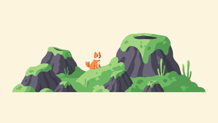 A cute cartoon fox sits on a grassy hill with rocky, moss-covered outcrops