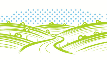 Stylized Winding Road Through Green Rolling Hills Under Blue Dot Sky