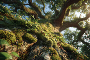 Majestic oak tree close-up with lush moss and sunlight in forest