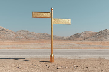 Golden signpost in desert landscape with mountains under clear blue sky